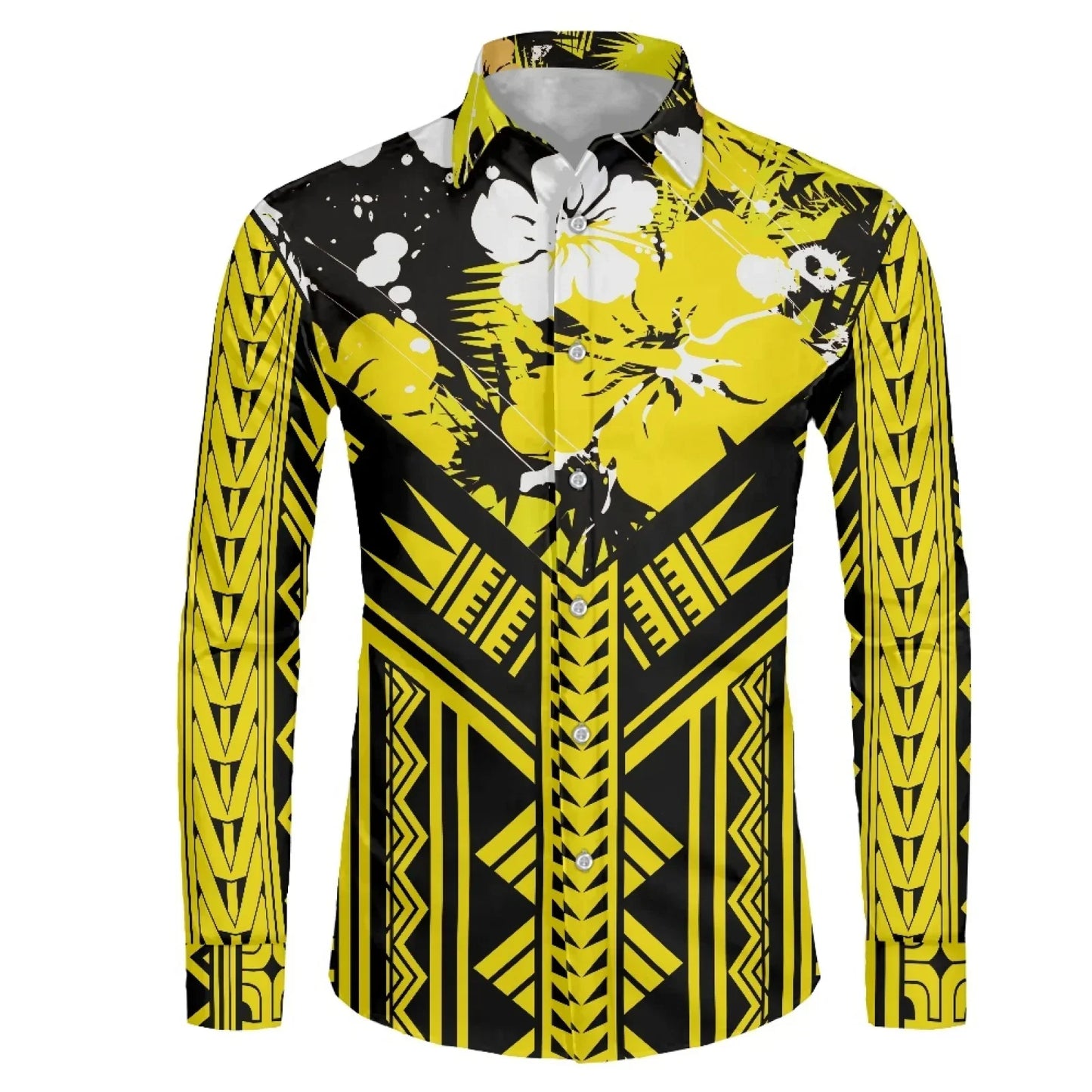 Polynesian Tribal Fijian Totem Tattoo Fiji Prints Men Party Shirt Long-Sleeved Button (USA SIZE XS S M L XL 2XL 3XL 4XL 5XL 6XL)