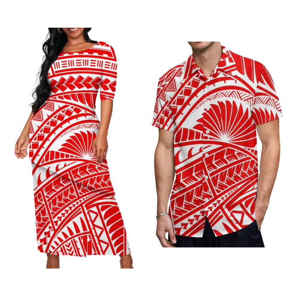 Samoan Tribal Print Summer Women's Double Suit Long Cress Puletasi Men's Hawaiian Shirt Custom Polynesian Couple Dress