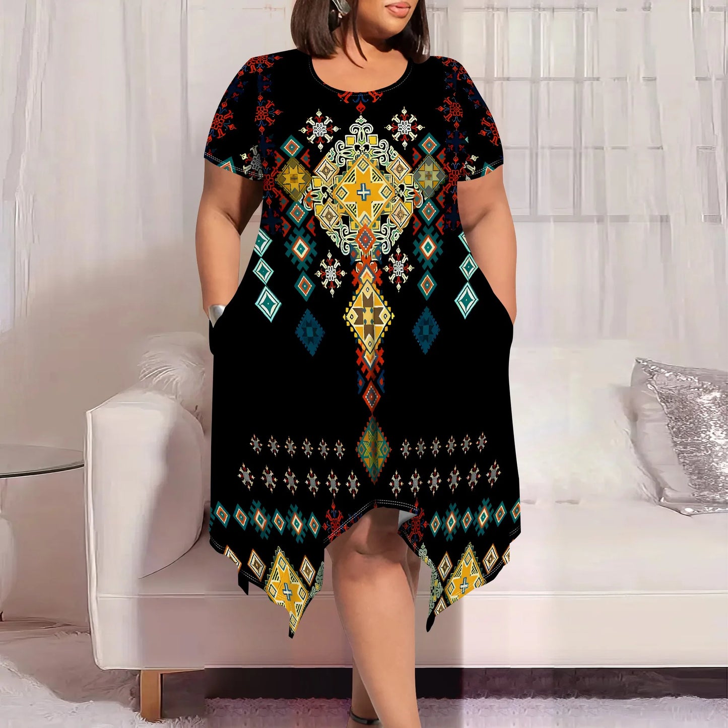 Tribal Pattern T-Shirt Dress - Round Neck Short Sleeve Knee-Length Hippie Chic