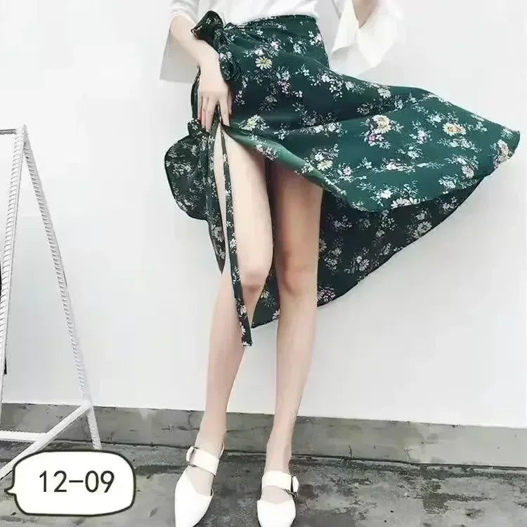 2025 New Women's One-Piece Floral Print Skirt High Waist Wrap Chiffon Beach Dress with Tie Waist Summer Vacation Boho Style