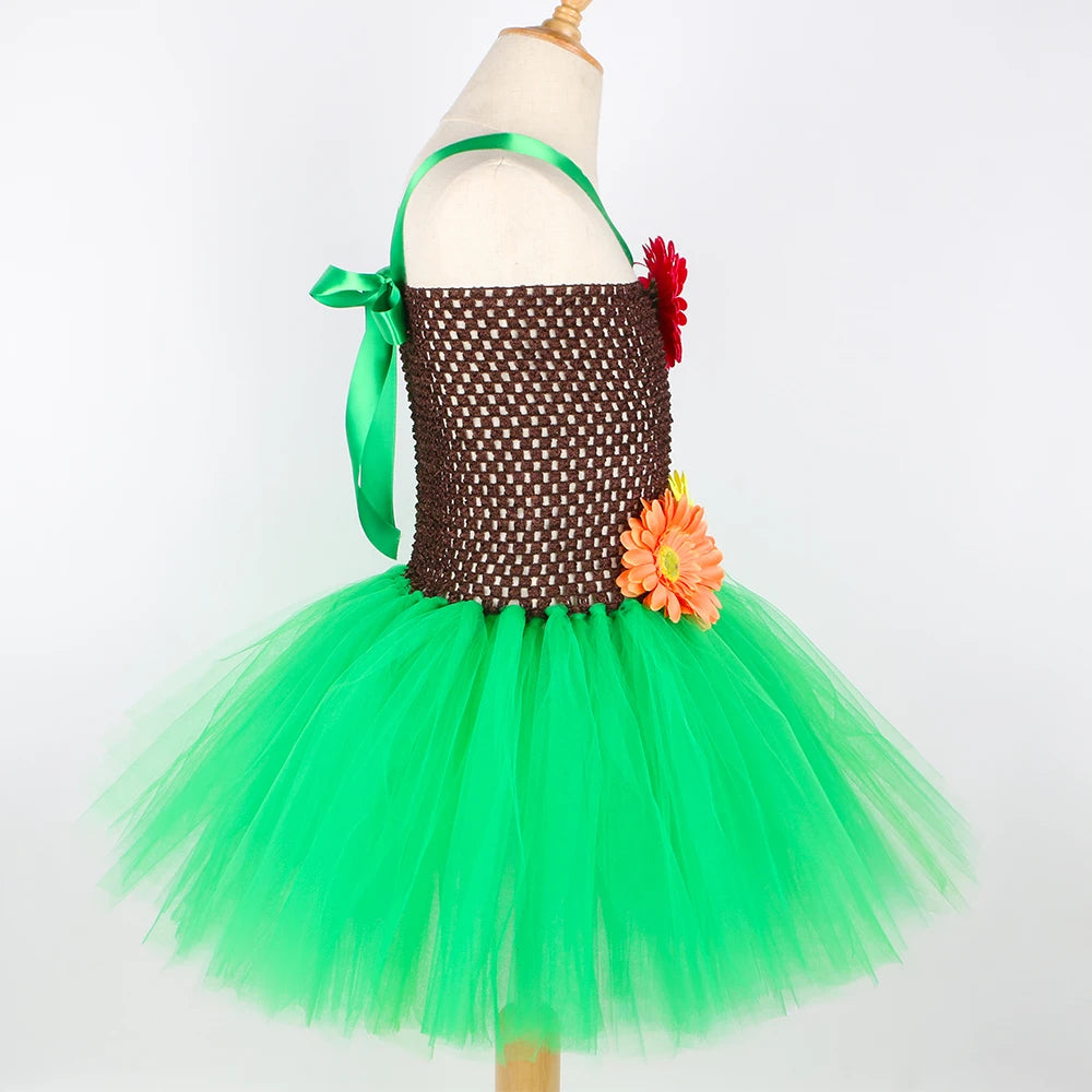 Hawaiian Costume Outfit for Girls Luau Beach Party Flowers Tulle Tutu Dress Kids Halloween Carnival Hawaii Princess Dress Up