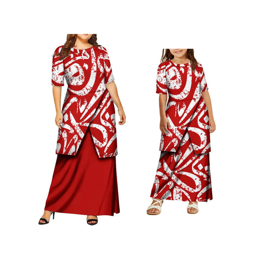 High Quality Customized Polynesian Tribal Print Samoa Puletasi Set Tongan Plus Size Mother and Daughter Dress