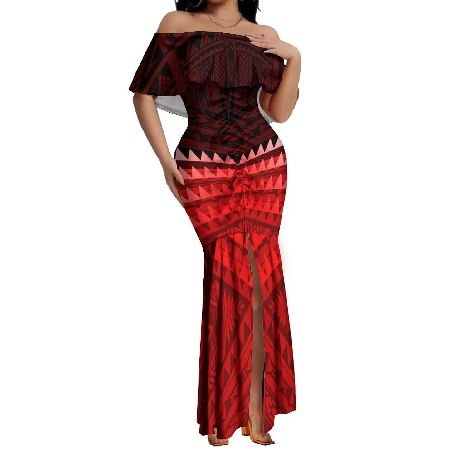 Custom Samoan Dress Women'S Off-The-Shoulder Dress Hawaiian Party Fishtail Skirt And Men'S Shirt Polynesian Couple Suit