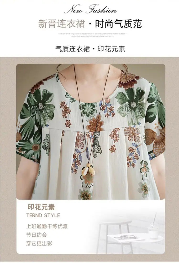 Women's Ethnic Print Cotton Dress Short Sleeve Loose Plus Size Summer Maxi Dress