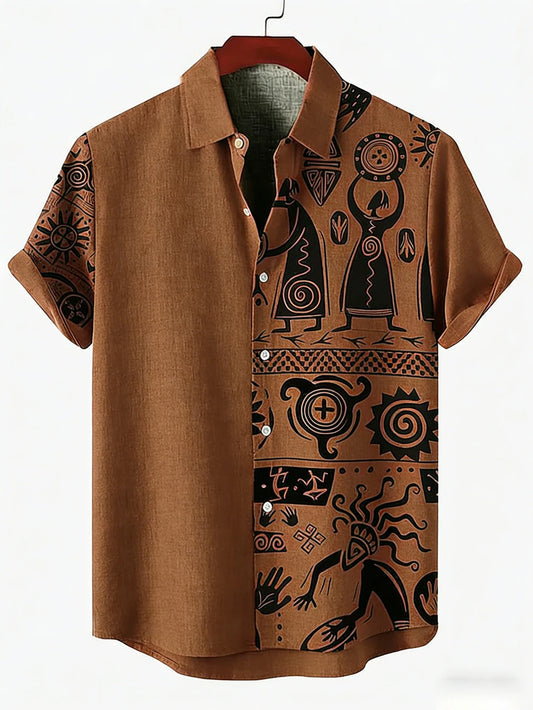Men's New Ethnic Style Tribal Pattern 3D Printed Shirt Hawaiian Tropical Short-sleeved Linen Breathable Outdoor Clothes for Men