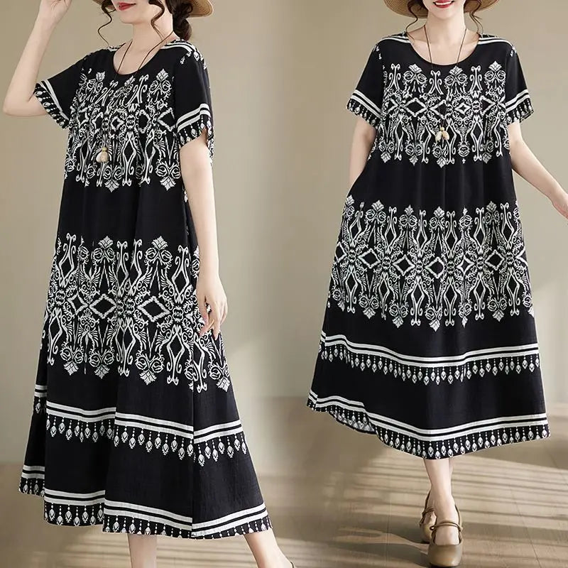 Women's Ethnic Print Cotton Dress Short Sleeve Loose Plus Size Summer Maxi Dress