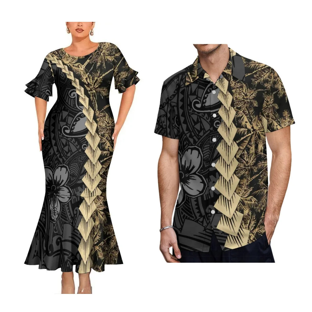 2025 High Quality Hawaiian Women'S Petal-Sleeve Dress Samoan Ethnic Evening Dress Polynesian Island Men'S Aloha Shirt
