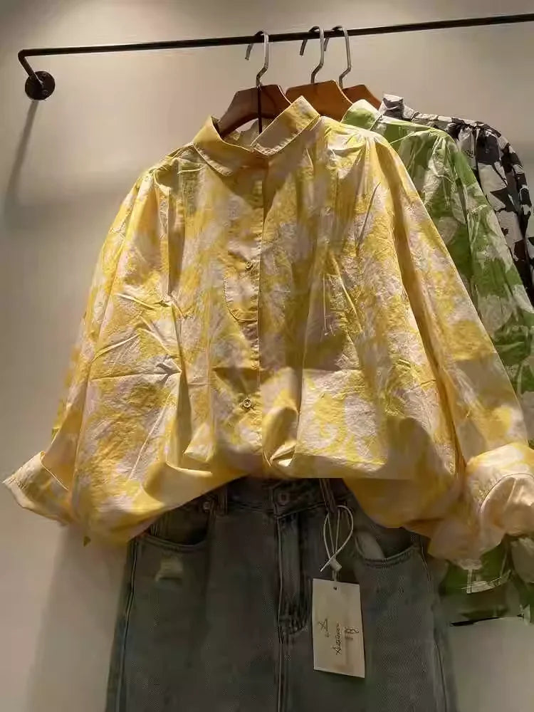 2025 Large size Hawaiian shirt for women art style pure cotton yellow green navy blue printed shirts long sleeve blouses