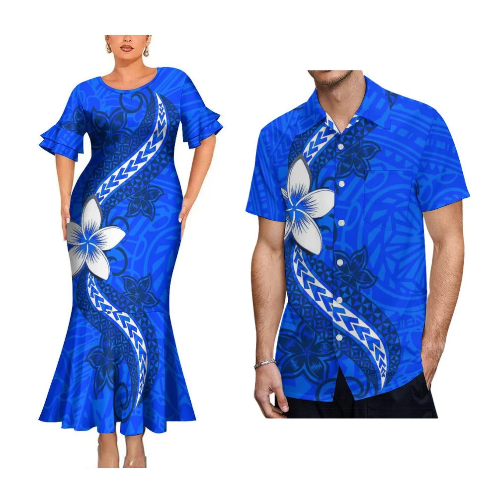 2025 High Quality Hawaiian Women'S Petal-Sleeve Dress Samoan Ethnic Evening Dress Polynesian Island Men'S Aloha Shirt