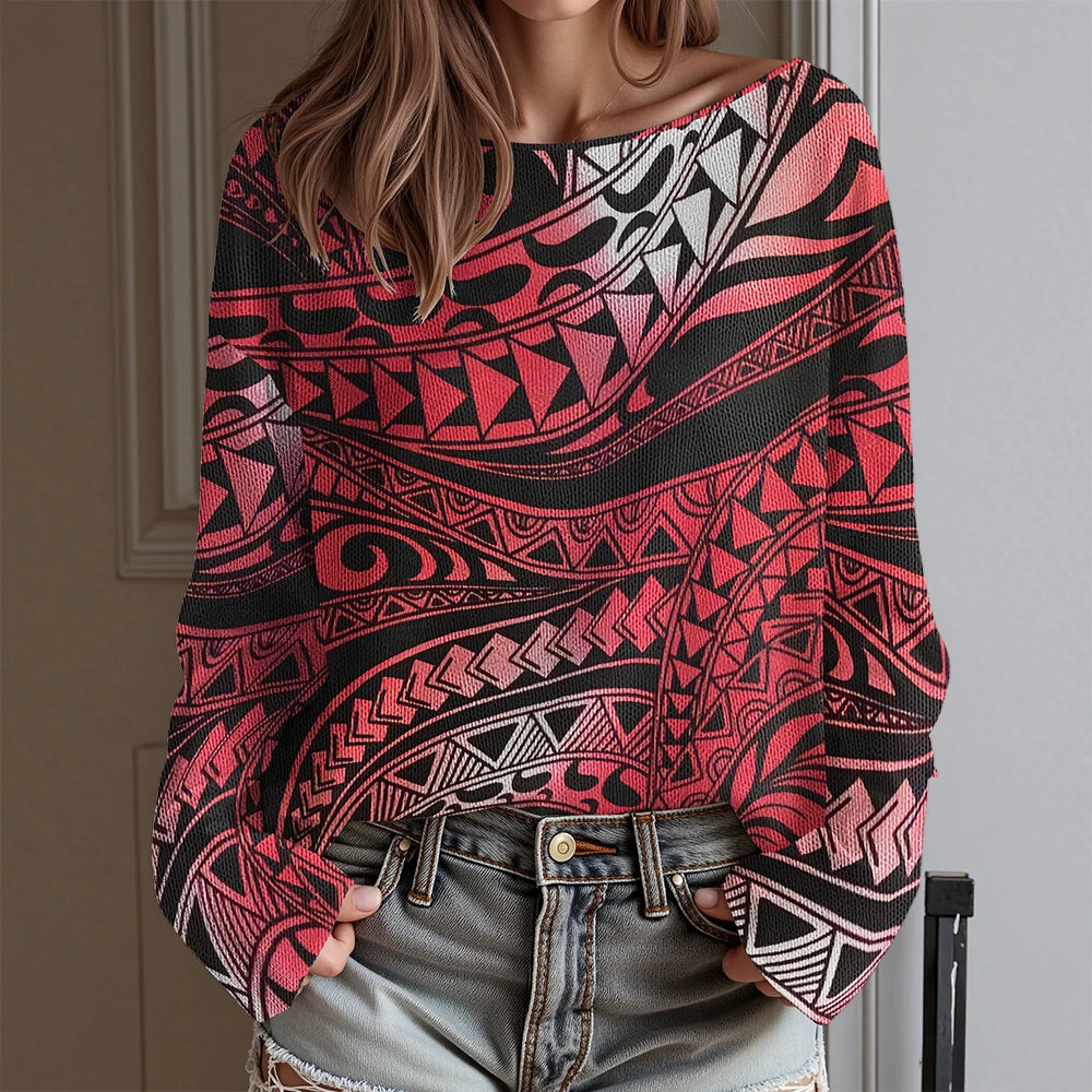 Vintage Tribal Totem Print Off-Shoulder Top Women Long Sleeve T-Shirt Boho Chic Blouse Western Cowboy Style Daily Wear Plus Size