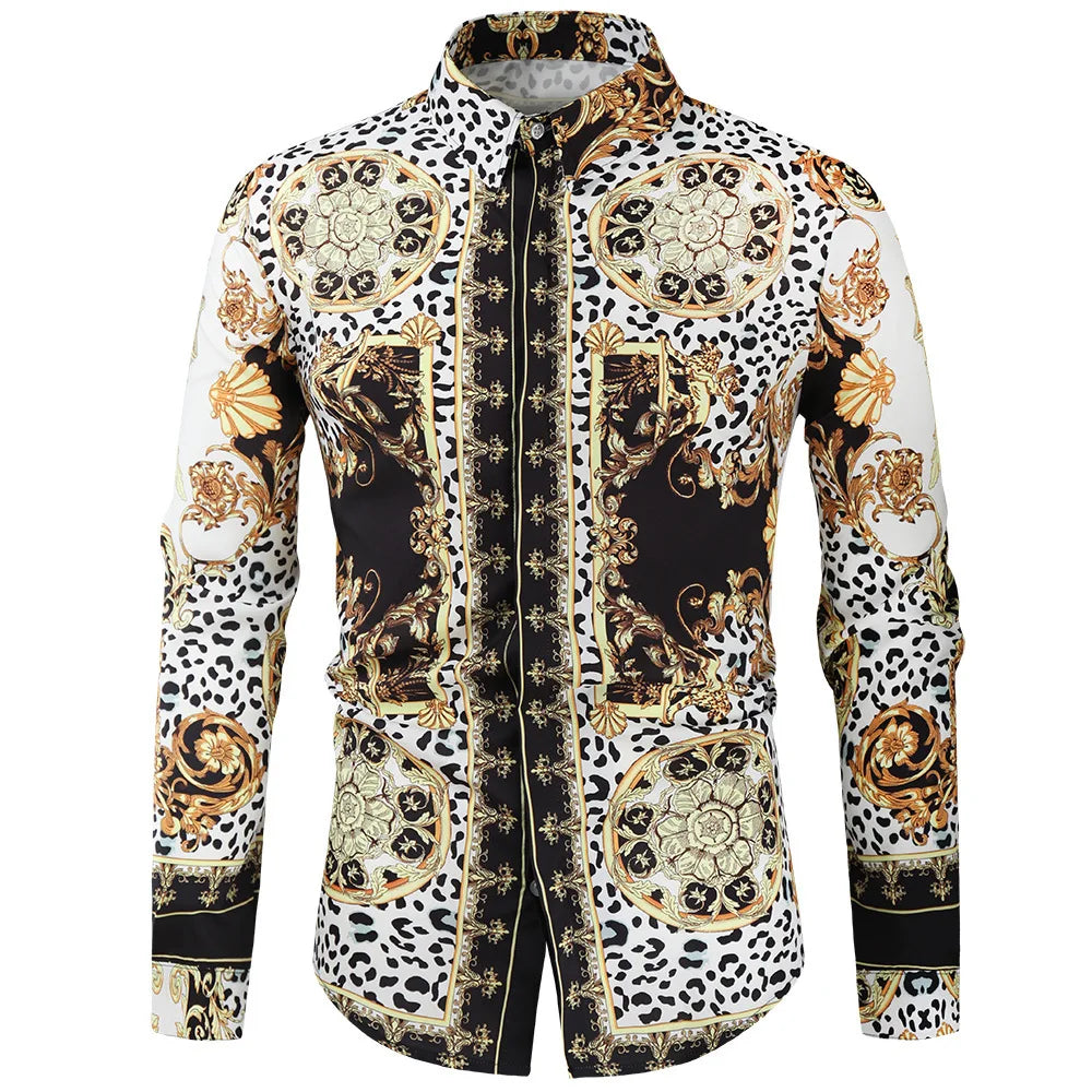 2025 men's fashionable tribal totem print pattern casual high-quality men's long sleeved shirt luxurious high-quality shirt