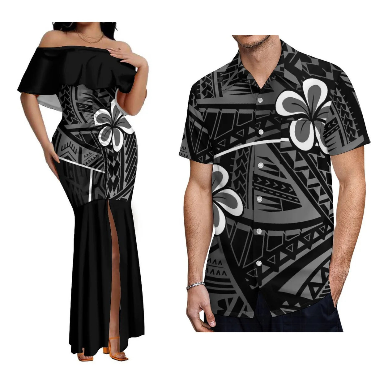 Custom Samoan Dress Women'S Off-The-Shoulder Dress Hawaiian Party Fishtail Skirt And Men'S Shirt Polynesian Couple Suit