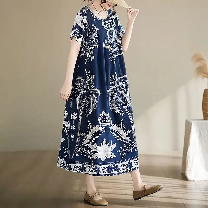 Women's Ethnic Print Cotton Dress Short Sleeve Loose Plus Size Summer Maxi Dress