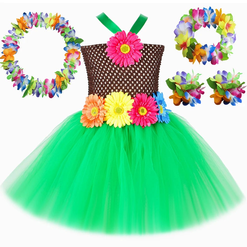 Hawaiian Costume Outfit for Girls Luau Beach Party Flowers Tulle Tutu Dress Kids Halloween Carnival Hawaii Princess Dress Up