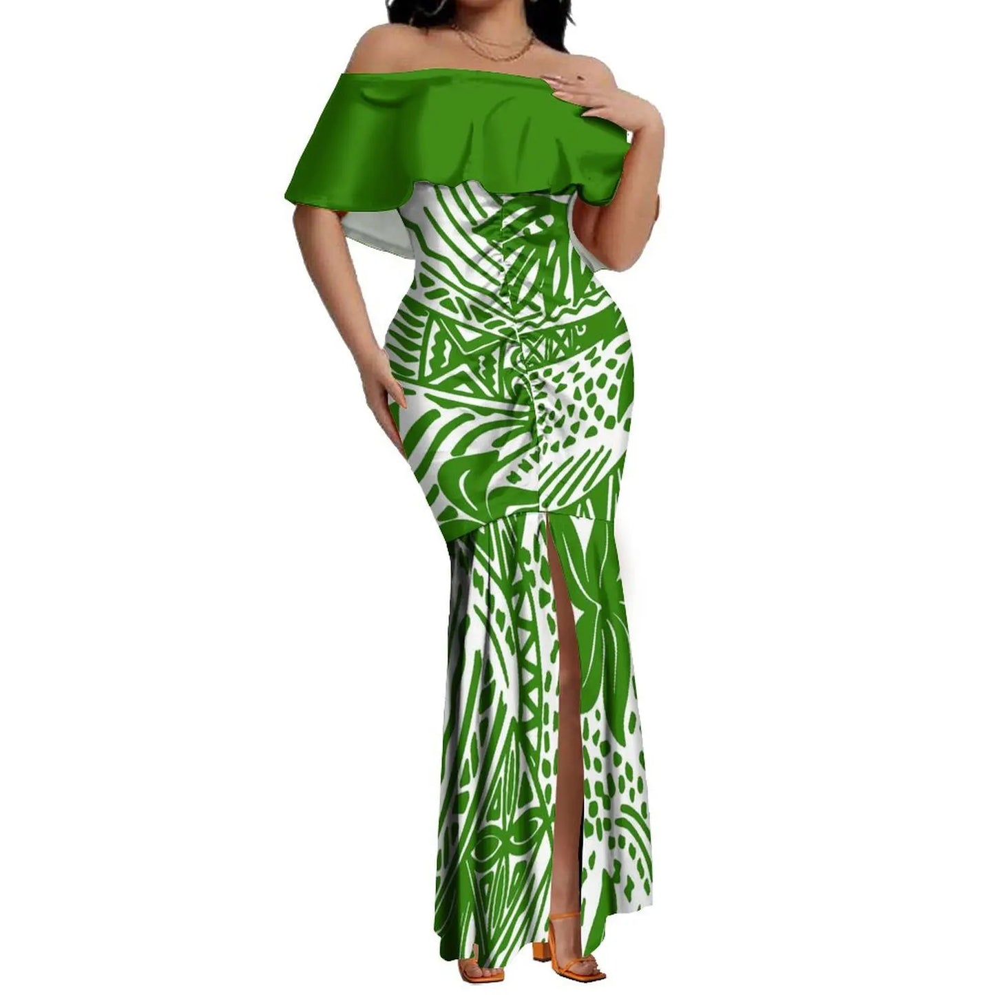 Custom Samoan Dress Women'S Off-The-Shoulder Dress Hawaiian Party Fishtail Skirt And Men'S Shirt Polynesian Couple Suit
