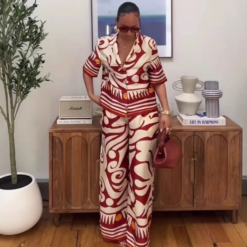 Women's African Print 2 Piece Set Tribal Pattern Short Sleeve Button Shirt + High Waist Wide Leg Pants Elegant Summer Outfits