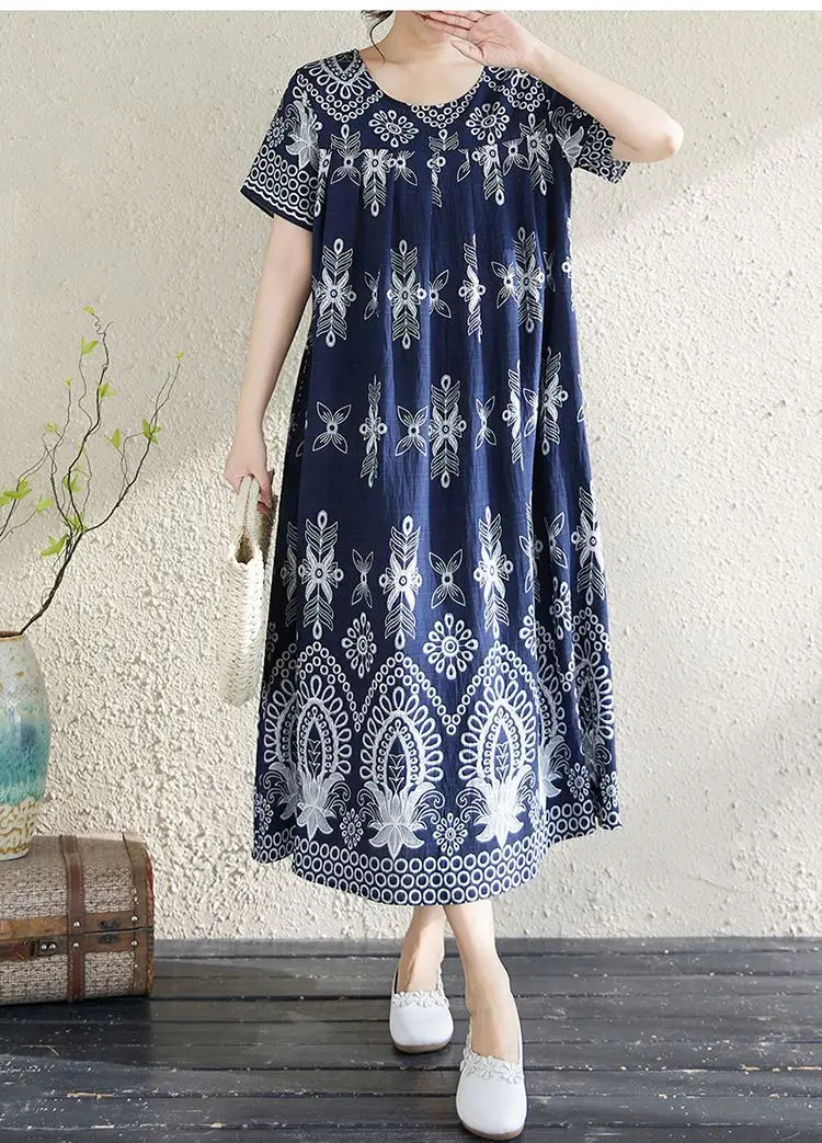 Women's Ethnic Print Cotton Dress Short Sleeve Loose Plus Size Summer Maxi Dress