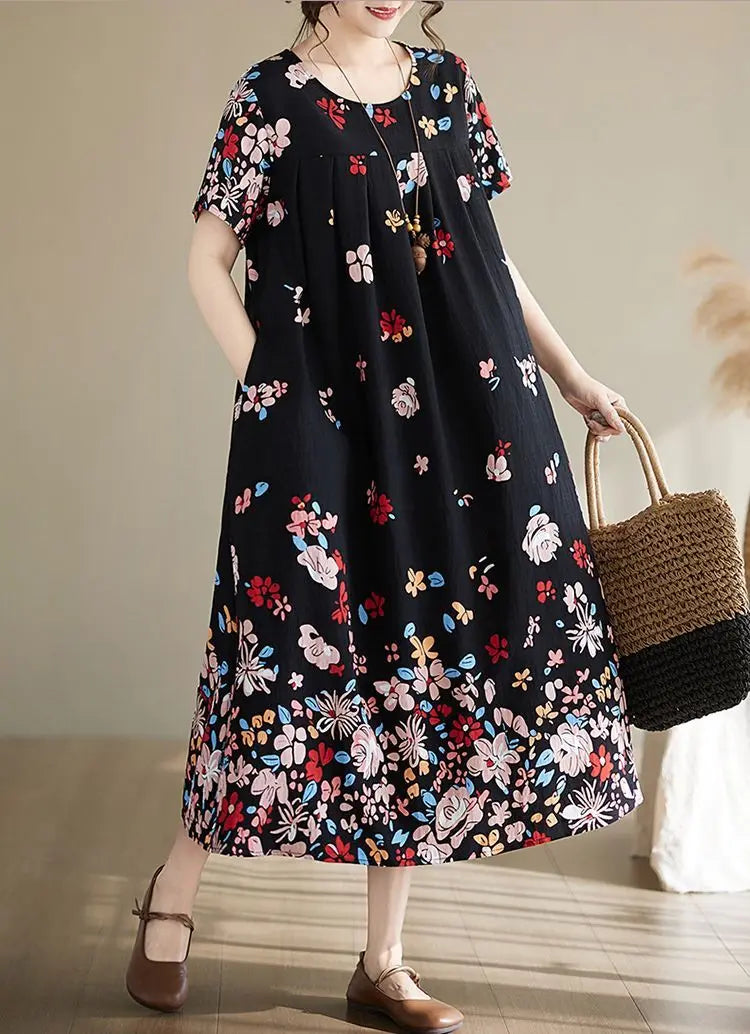 Women's Ethnic Print Cotton Dress Short Sleeve Loose Plus Size Summer Maxi Dress