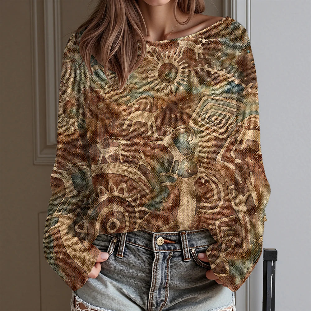 Vintage Tribal Totem Print Off-Shoulder Top Women Long Sleeve T-Shirt Boho Chic Blouse Western Cowboy Style Daily Wear Plus Size