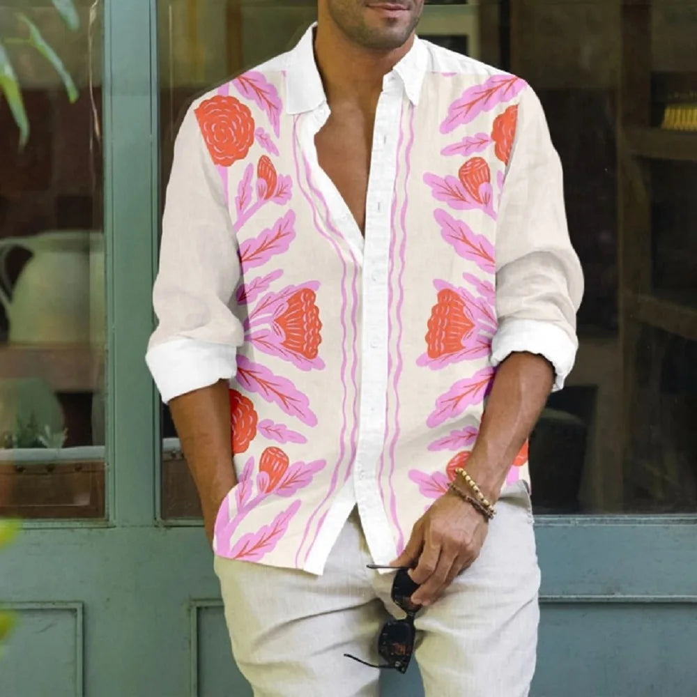 Hawaiian Men's Vocation Lapel Camisa Oversized Long Sleeve Shirts Flower 3d Print Fashion Men Women Beach Long Sleeve Blouse