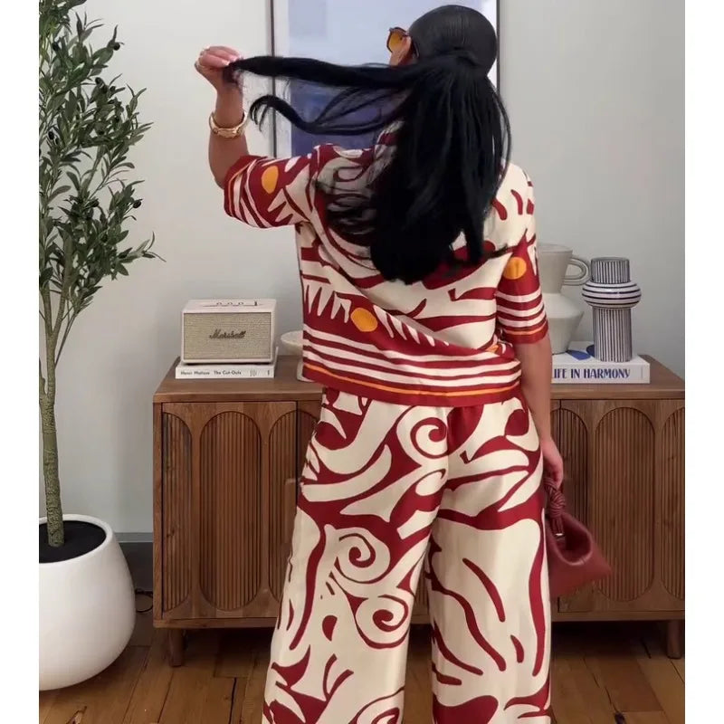 Women's African Print 2 Piece Set Tribal Pattern Short Sleeve Button Shirt + High Waist Wide Leg Pants Elegant Summer Outfits