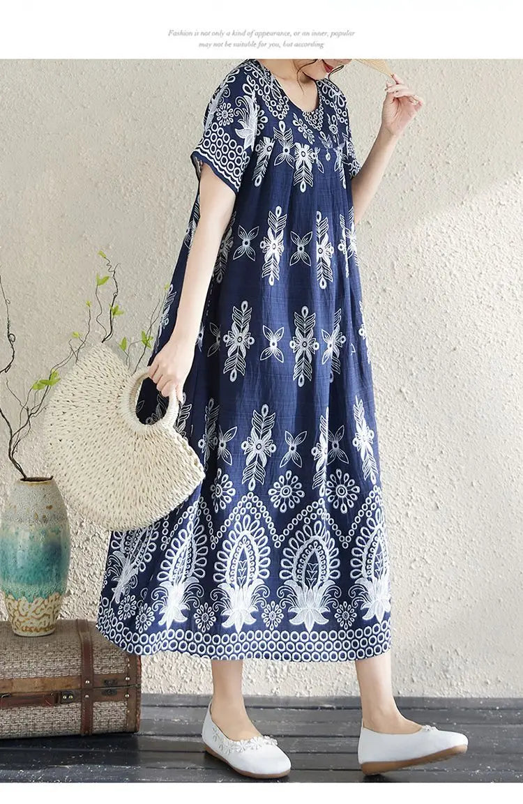 Women's Ethnic Print Cotton Dress Short Sleeve Loose Plus Size Summer Maxi Dress