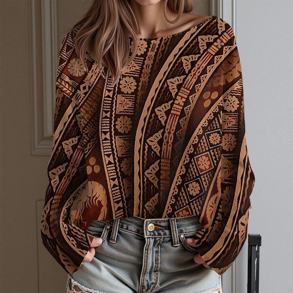 Vintage Tribal Totem Print Off-Shoulder Top Women Long Sleeve T-Shirt Boho Chic Blouse Western Cowboy Style Daily Wear Plus Size