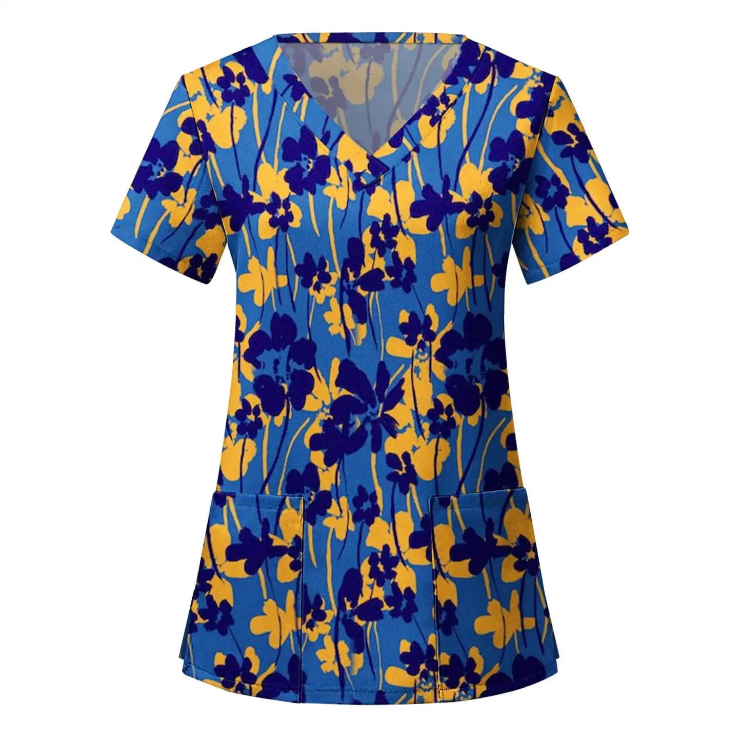 Women's Hawaiian Leaves All Over Print V Neck Nurse Surgical Gown Top with Pockets Comfortable Polyester Short Sleeve Coverall