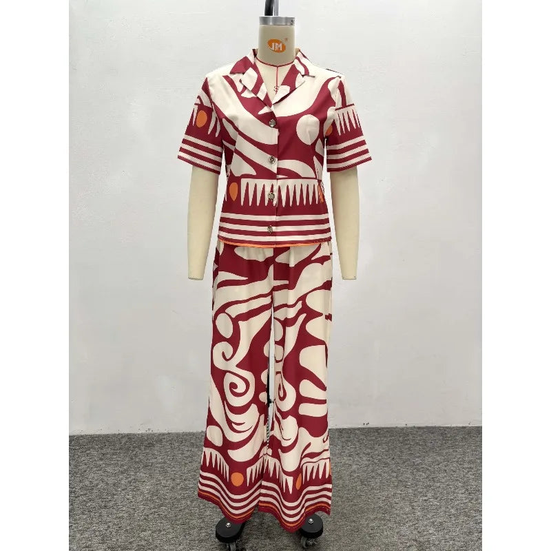 Women's African Print 2 Piece Set Tribal Pattern Short Sleeve Button Shirt + High Waist Wide Leg Pants Elegant Summer Outfits