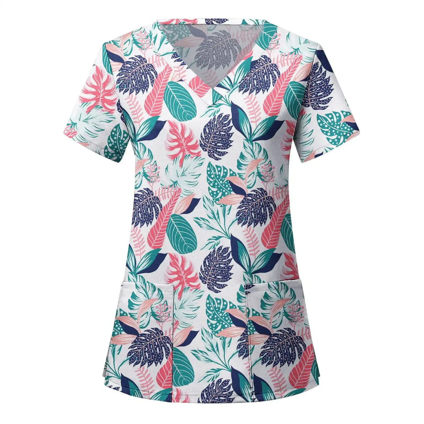 Women's Hawaiian Leaves All Over Print V Neck Nurse Surgical Gown Top with Pockets Comfortable Polyester Short Sleeve Coverall