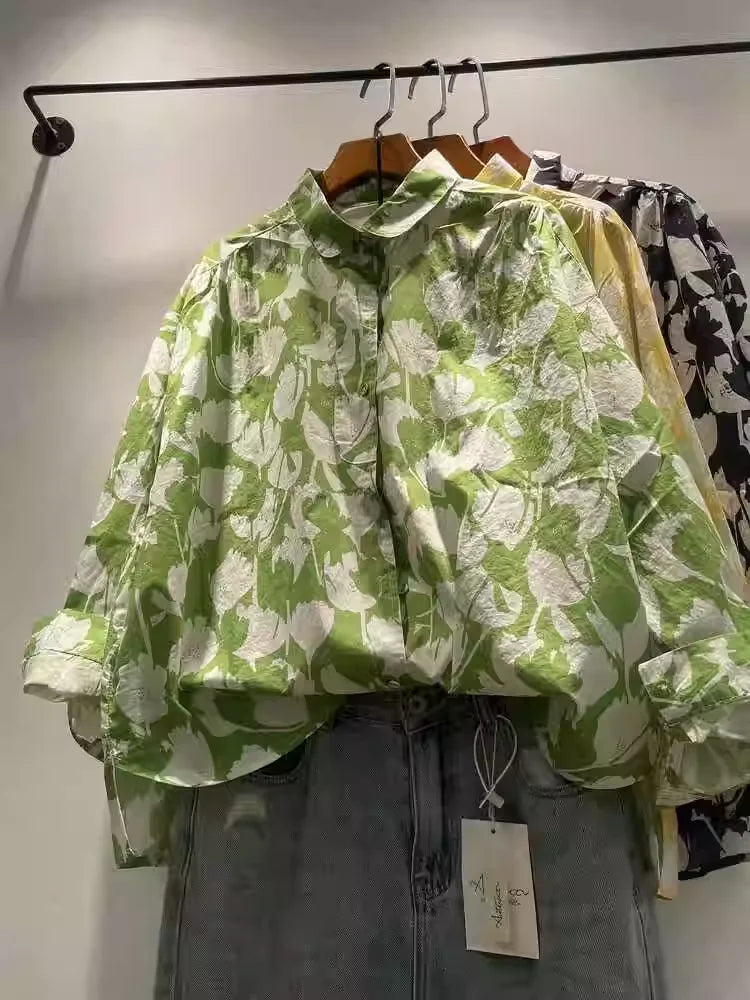 2025 Large size Hawaiian shirt for women art style pure cotton yellow green navy blue printed shirts long sleeve blouses