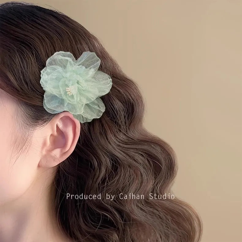 Hawaiian Beach Vacation 3D Sheer Organza Flower Hair Clip Non-slip Hair Accessories for Women Girl Travel Photography Daily Wear