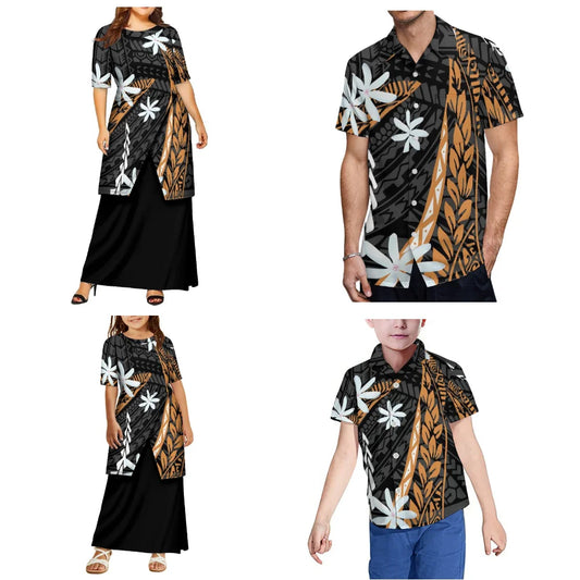 Polynesian Family Set Customization Women And Girls Puletasi Men And Boys Shirts Samoan Tribal Pattern Design Dresses