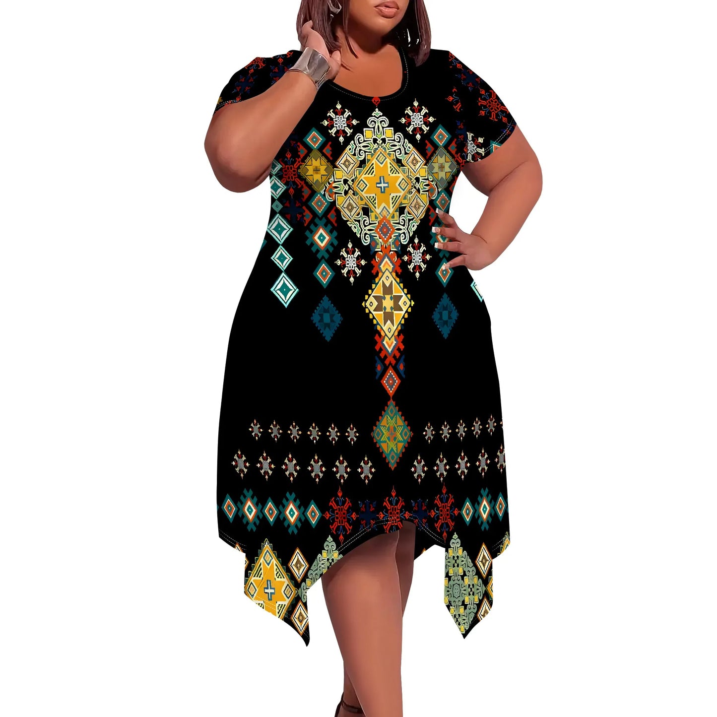 Tribal Pattern T-Shirt Dress - Round Neck Short Sleeve Knee-Length Hippie Chic