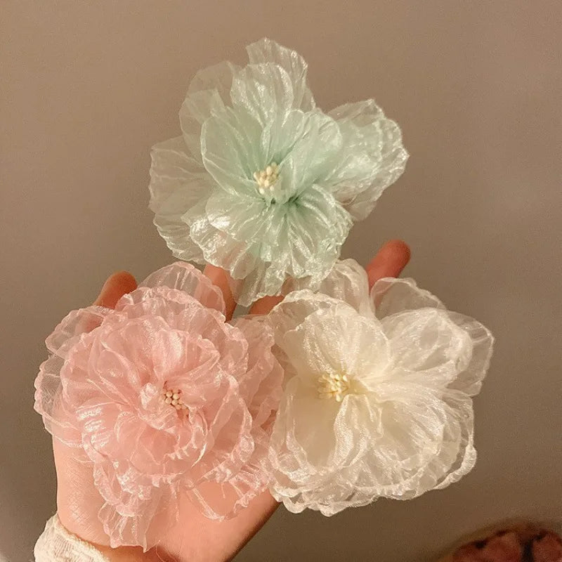 Hawaiian Beach Vacation 3D Sheer Organza Flower Hair Clip Non-slip Hair Accessories for Women Girl Travel Photography Daily Wear