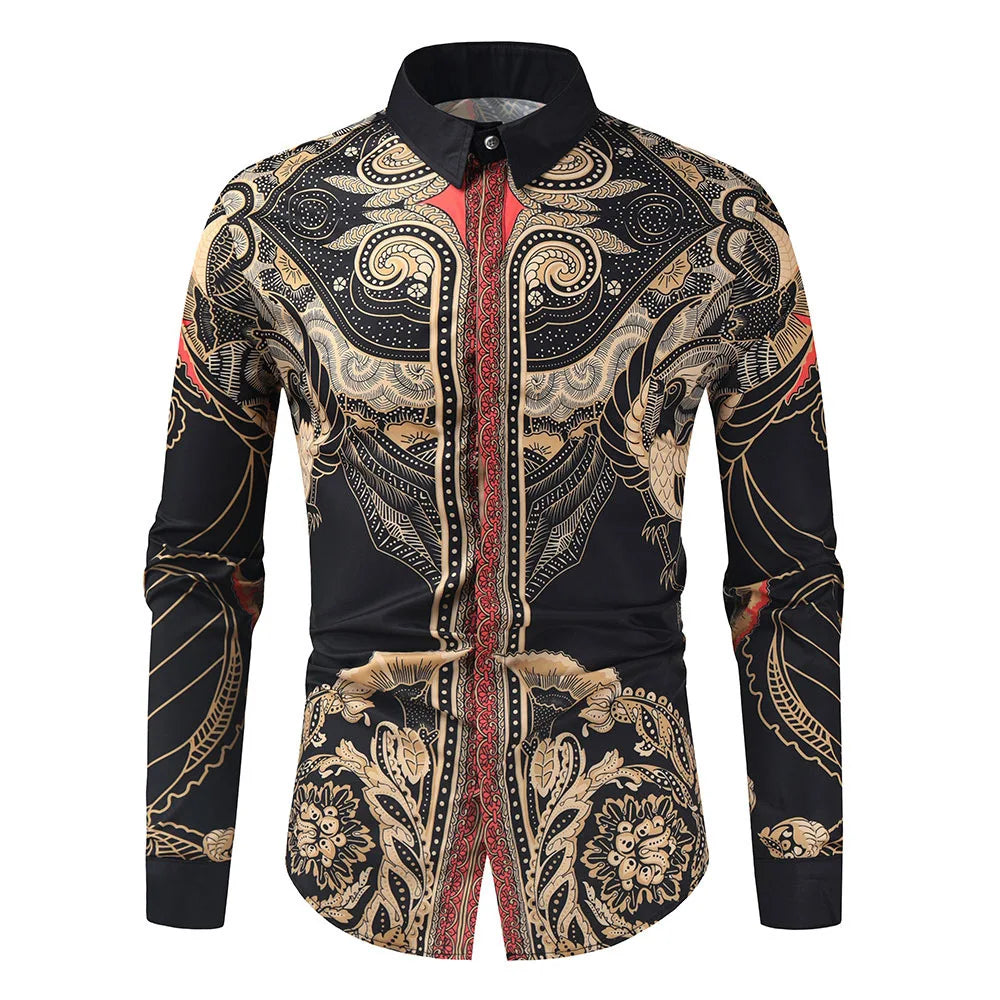 2025 men's fashionable tribal totem print pattern casual high-quality men's long sleeved shirt luxurious high-quality shirt