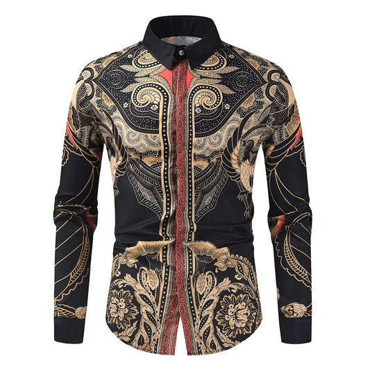 2025 men's fashionable tribal totem print pattern casual high-quality men's long sleeved shirt luxurious high-quality shirt