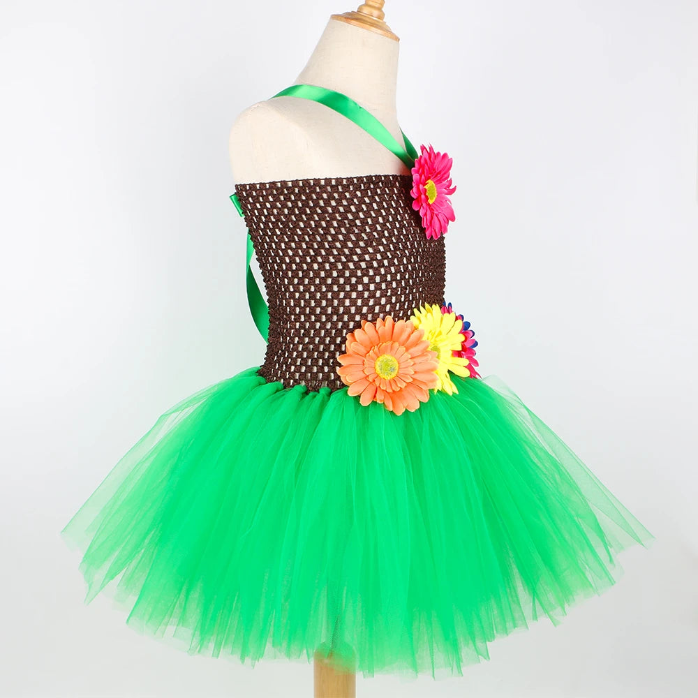 Hawaiian Costume Outfit for Girls Luau Beach Party Flowers Tulle Tutu Dress Kids Halloween Carnival Hawaii Princess Dress Up