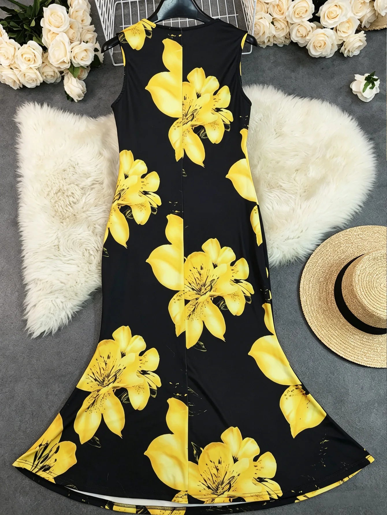 Women Dresses Print Mermaid Dress Round Neck Sleeveless Mid Calf Length Cinched Waist Slight Strech Casual Slim Fit 2026 Summer