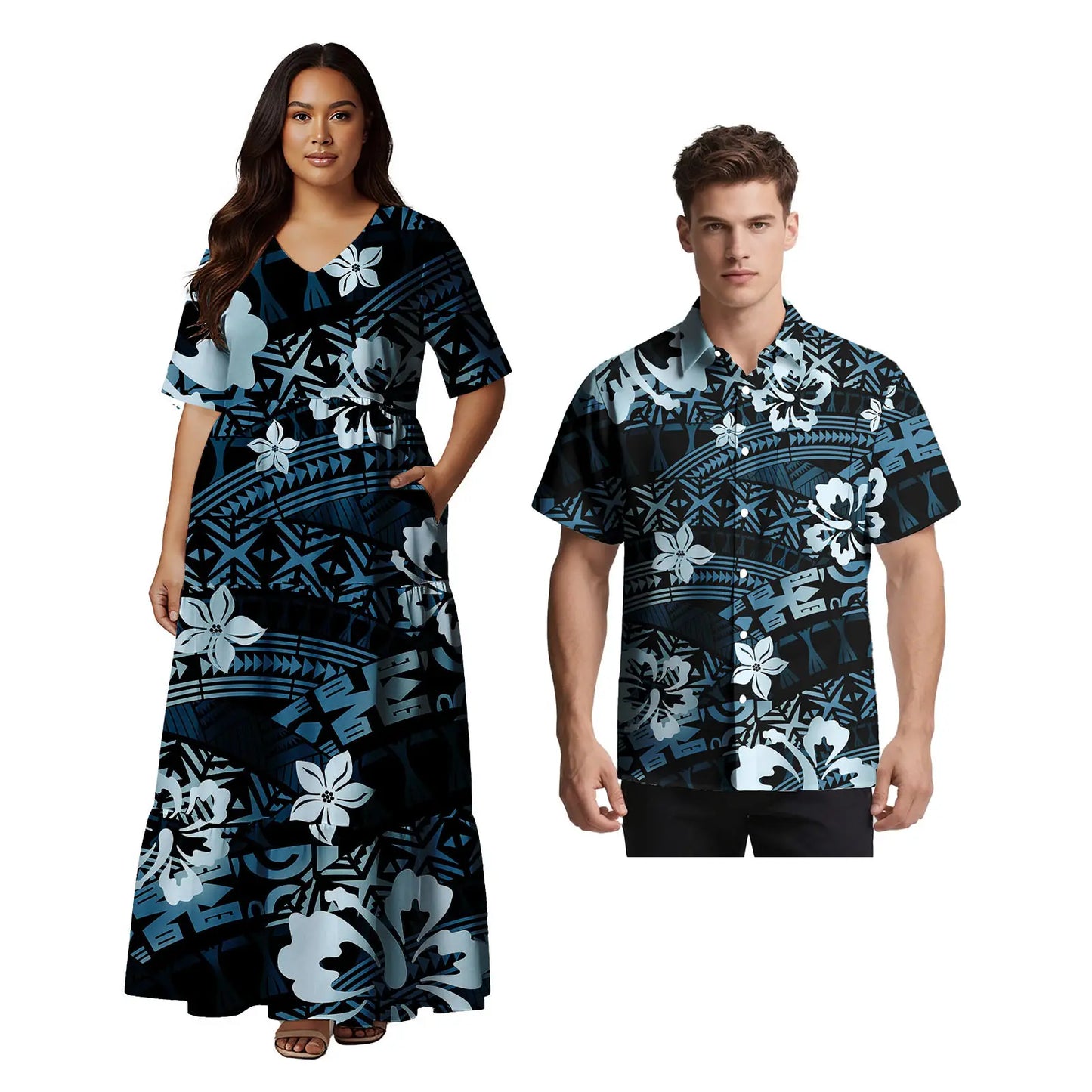 Samoan Ethnic Style Custom Clothes Polynesian Short Sleeve Women Dress Man Aloha T-Shirt Hawaiian Tribal Design Couple 2pc Set