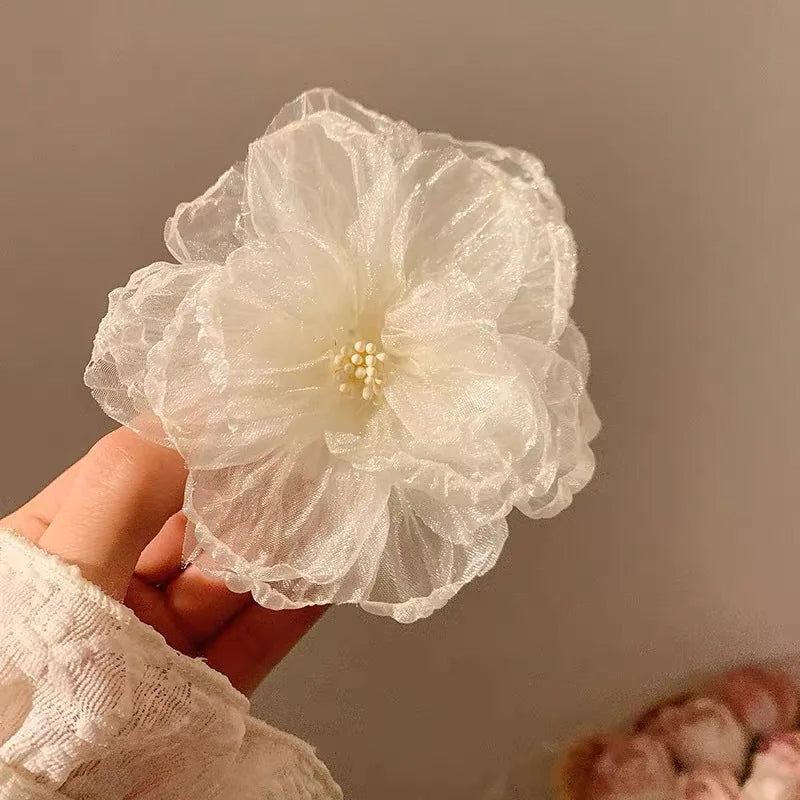 Hawaiian Beach Vacation 3D Sheer Organza Flower Hair Clip Non-slip Hair Accessories for Women Girl Travel Photography Daily Wear