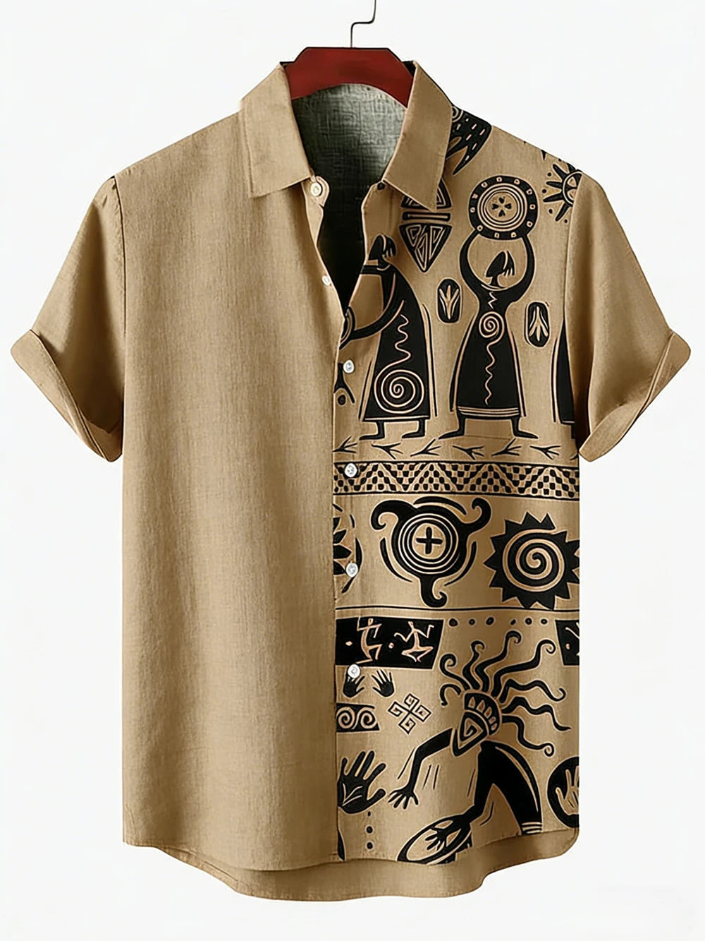 Men's New Ethnic Style Tribal Pattern 3D Printed Shirt Hawaiian Tropical Short-sleeved Linen Breathable Outdoor Clothes for Men
