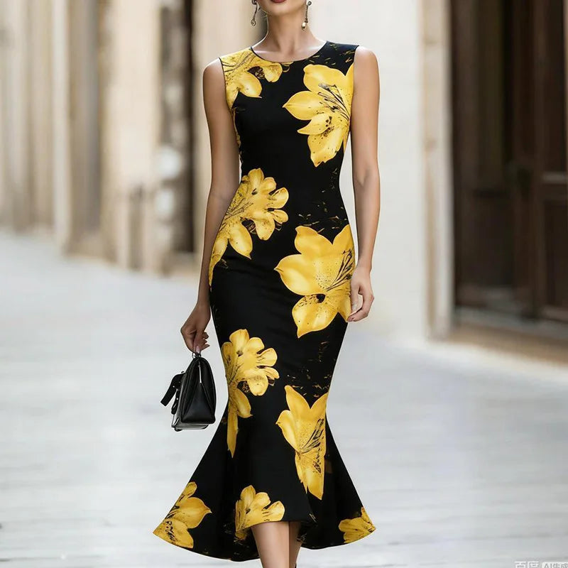 Women Dresses Print Mermaid Dress Round Neck Sleeveless Mid Calf Length Cinched Waist Slight Strech Casual Slim Fit 2026 Summer