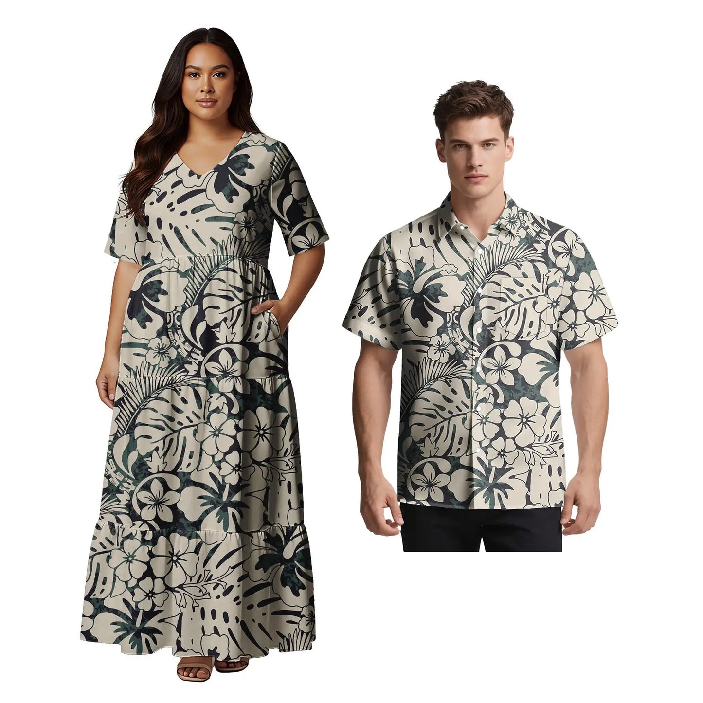 Samoan Ethnic Style Custom Clothes Polynesian Short Sleeve Women Dress Man Aloha T-Shirt Hawaiian Tribal Design Couple 2pc Set