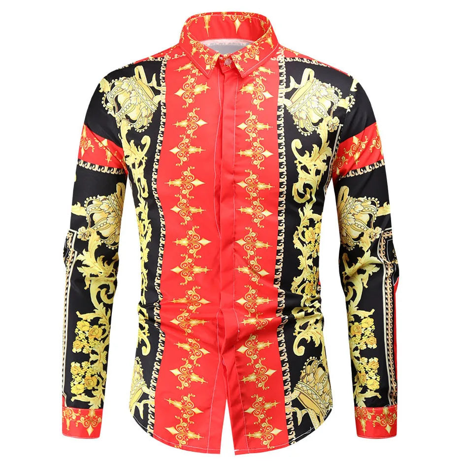 2025 men's fashionable tribal totem print pattern casual high-quality men's long sleeved shirt luxurious high-quality shirt