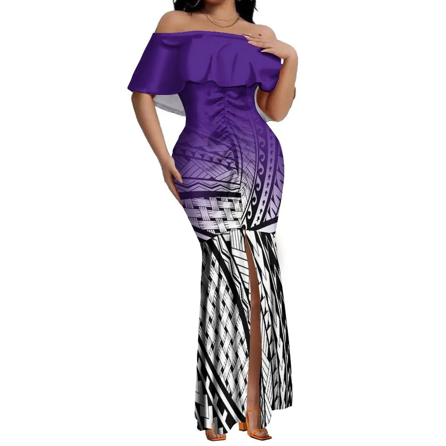 Custom Samoan Dress Women'S Off-The-Shoulder Dress Hawaiian Party Fishtail Skirt And Men'S Shirt Polynesian Couple Suit