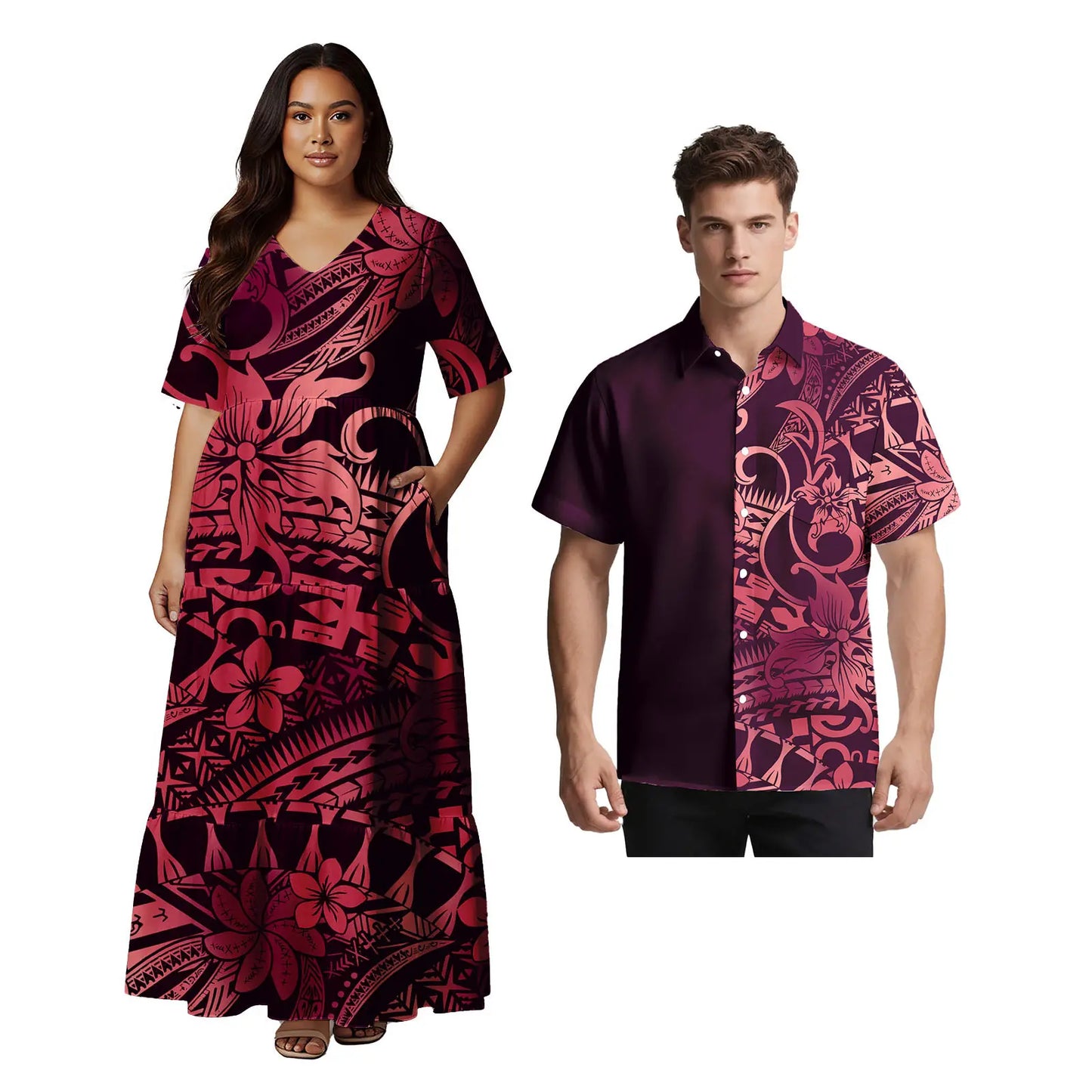 Samoan Ethnic Style Custom Clothes Polynesian Short Sleeve Women Dress Man Aloha T-Shirt Hawaiian Tribal Design Couple 2pc Set