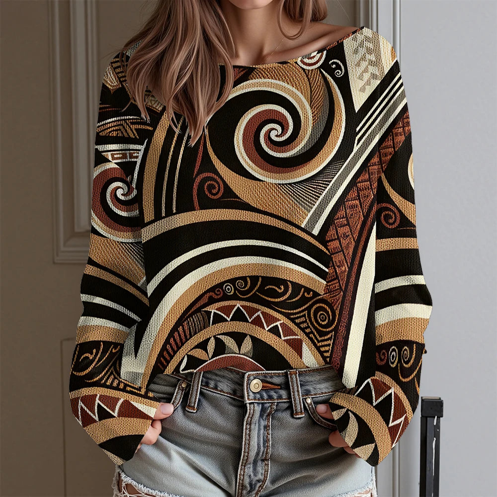 Vintage Tribal Totem Print Off-Shoulder Top Women Long Sleeve T-Shirt Boho Chic Blouse Western Cowboy Style Daily Wear Plus Size