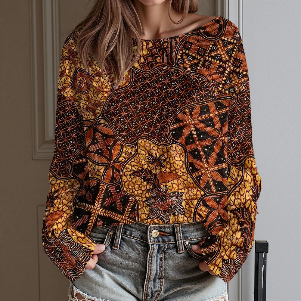 Vintage Tribal Totem Print Off-Shoulder Top Women Long Sleeve T-Shirt Boho Chic Blouse Western Cowboy Style Daily Wear Plus Size