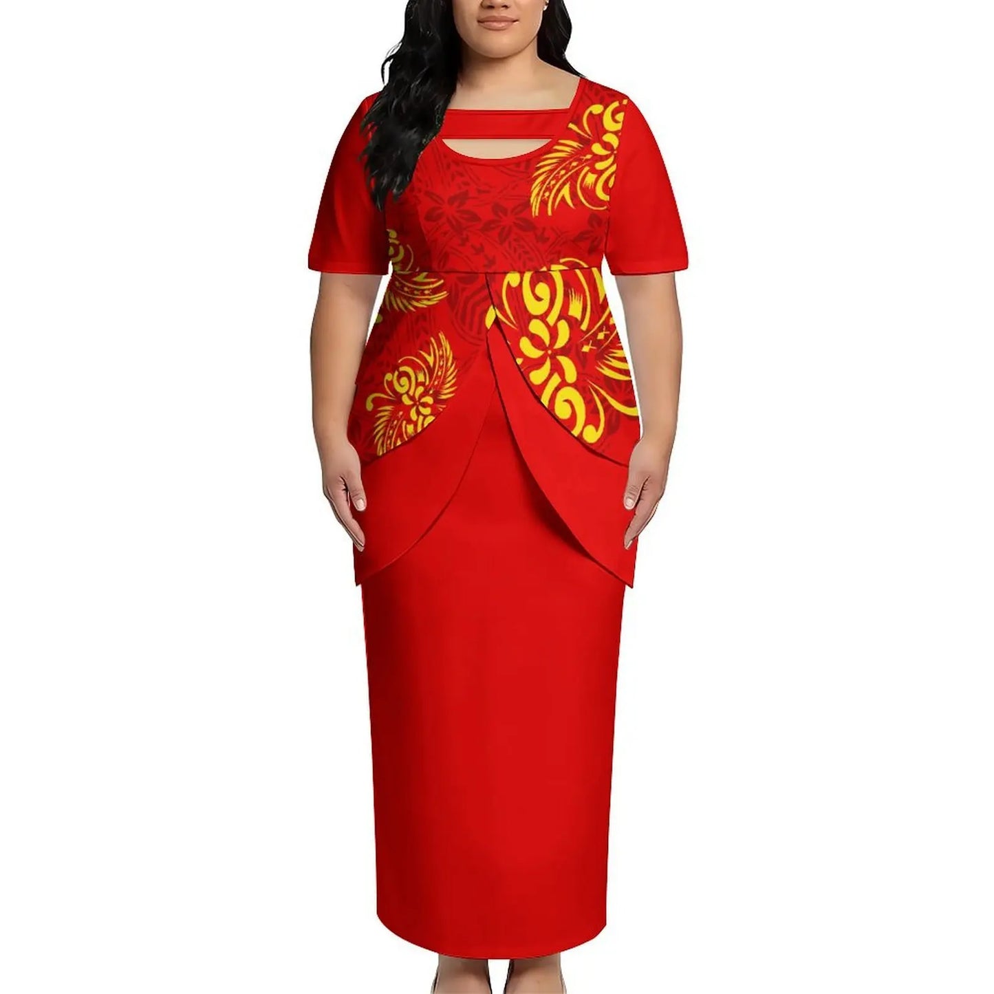 2026 New Arrival Polynesian Tribal Print Maxi Dress for Women Custom Tonga Puletasi Dress Samoan Round Neck Long Dress Two Piece